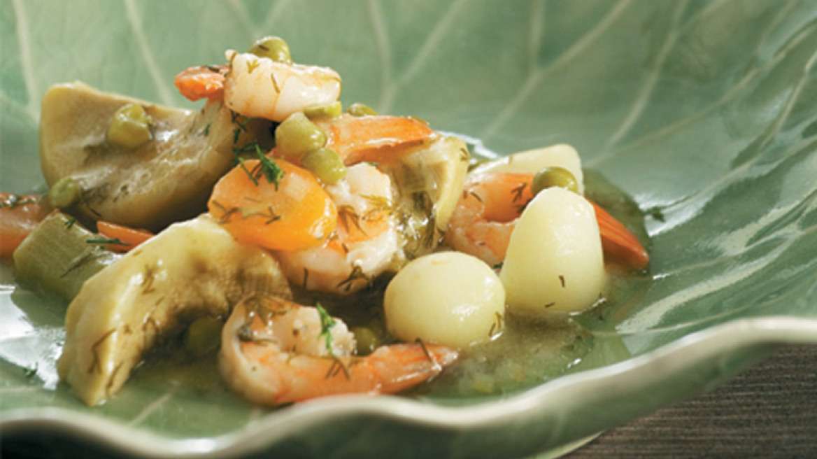 Αγκινάρες με γαρίδες αλα πολίτα