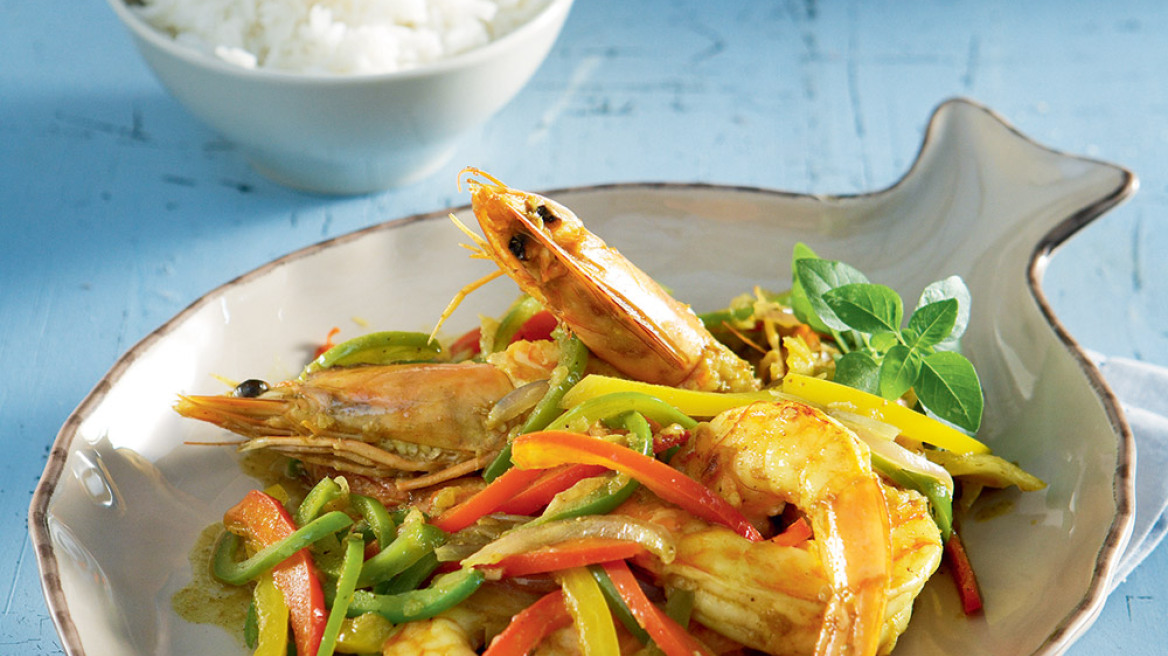 Γαρίδες με πιπεριές και κάρι