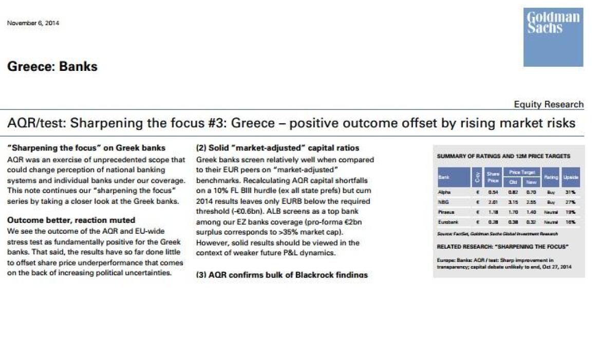 Goldman: Αυτή είναι η αλήθεια για τις ελληνικές τράπεζες μετά τα stress tests