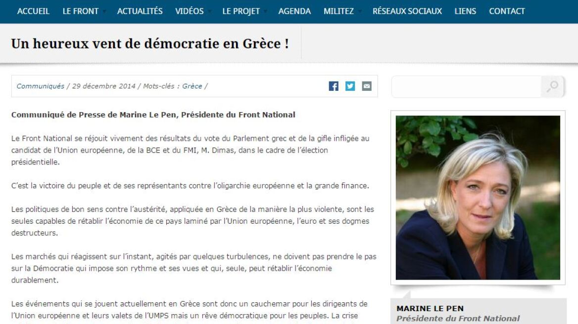 Η Λεπέν πανηγυρίζει για Τσίπρα: «Ένας φρέσκος άνεμος αλλαγής φυσάει στην Ελλάδα»