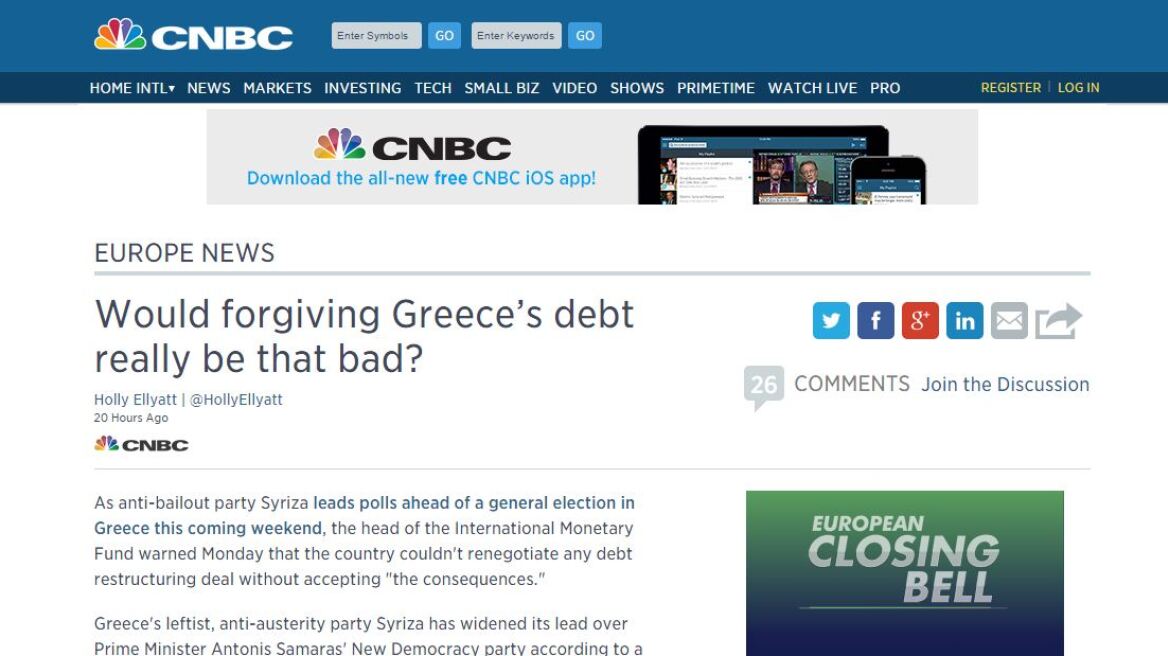 CNBC: «Θα ήταν η διαγραφή ελληνικού χρέους πράγματι τόσο μεγάλο κακό;»