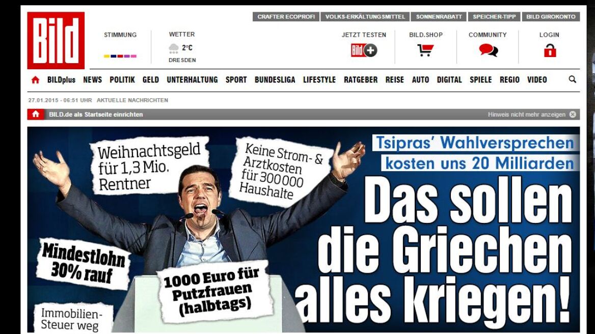 Bild: Οι προεκλογικές υποσχέσεις Τσίπρα κοστίζουν 20 δισ. ευρώ στους Γερμανούς