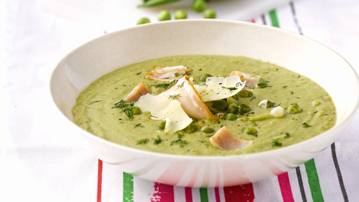 Βελουτέ αρακά με συριανή λούντζα και τυρί Σαν Μιχάλη