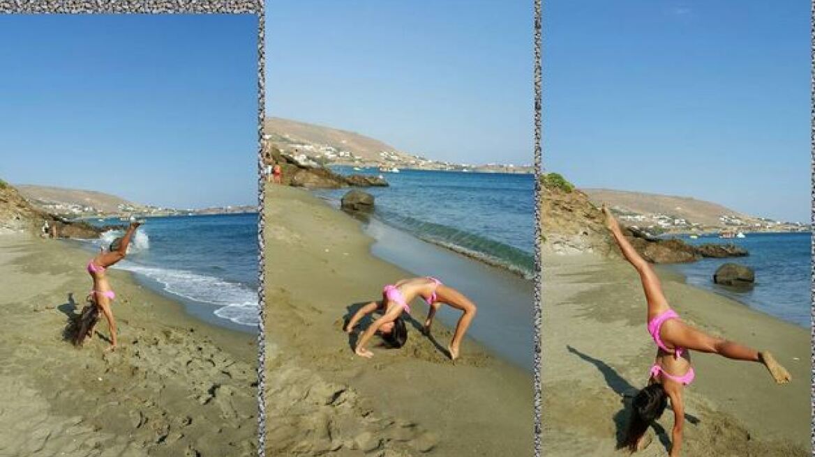 Ασκήσεις ευλυγισίας κάνει η Θωμαή Απέργη στην παραλία 