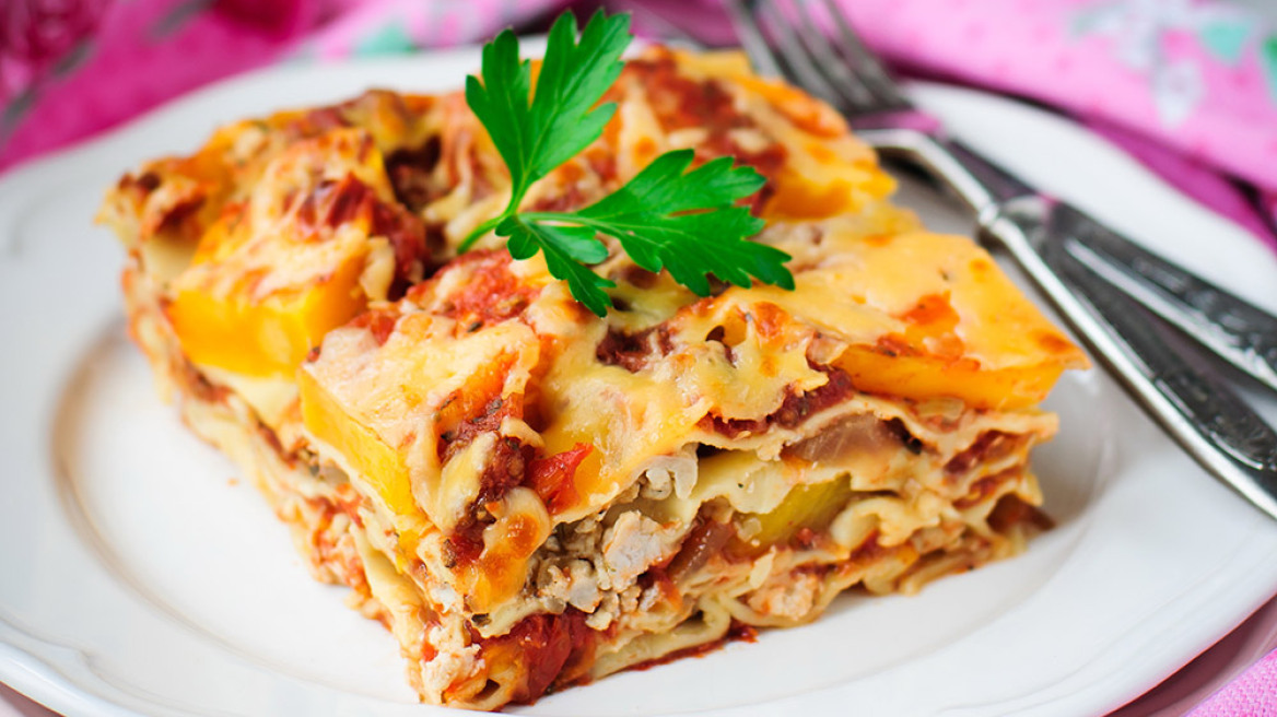 Λαζάνια με κοτόπουλο και ψητή κολοκύθα
