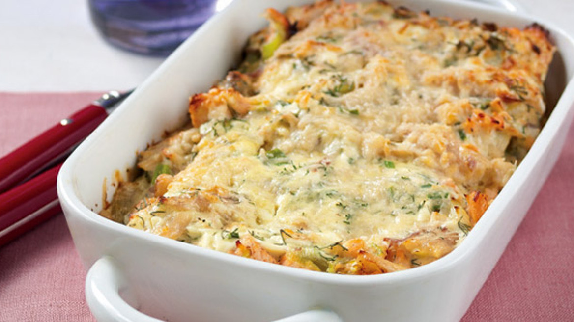 Λαζάνια με πράσα, κοτόπουλο και τυριά