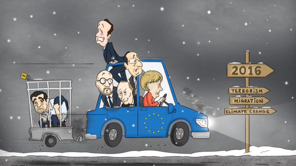 Μέσα σε trailer-κλουβί σέρνει τον Τσίπρα η Μέρκελ σε σκίτσο της Politico