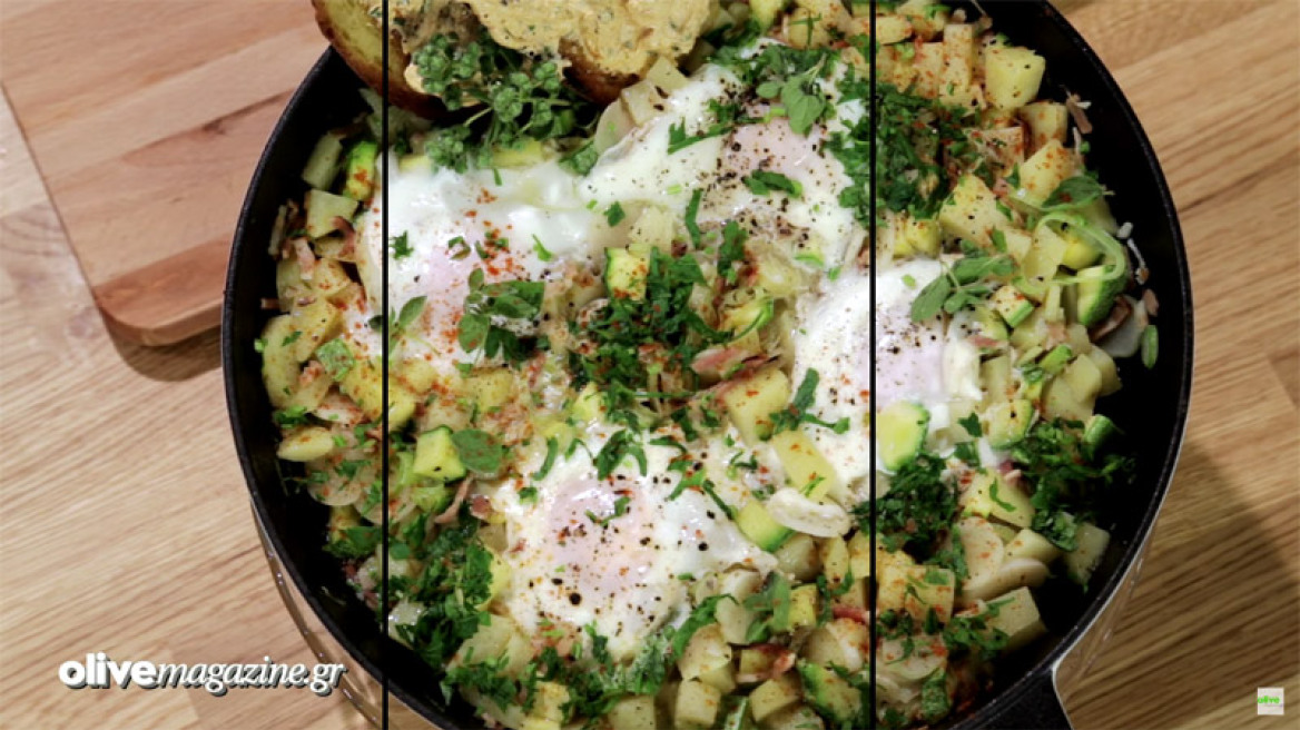 Πατάτες στο τηγάνι με αβγά και αρωματική κρέμα