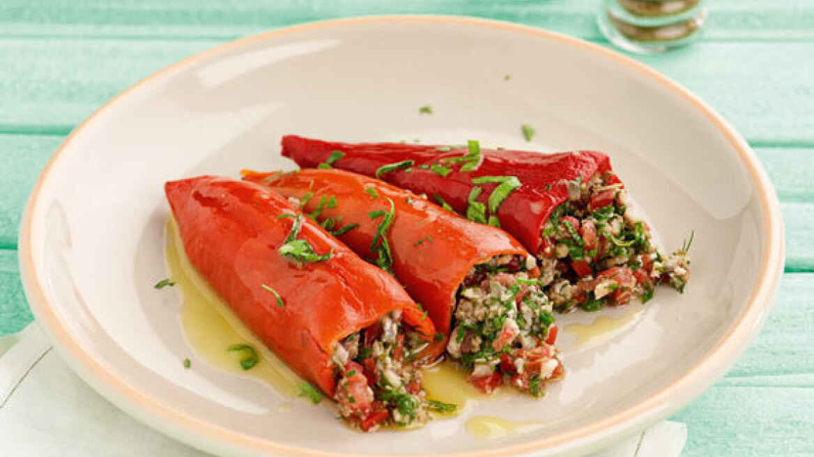 Stuffed Florina peppers with marinated anchovies and herbs
