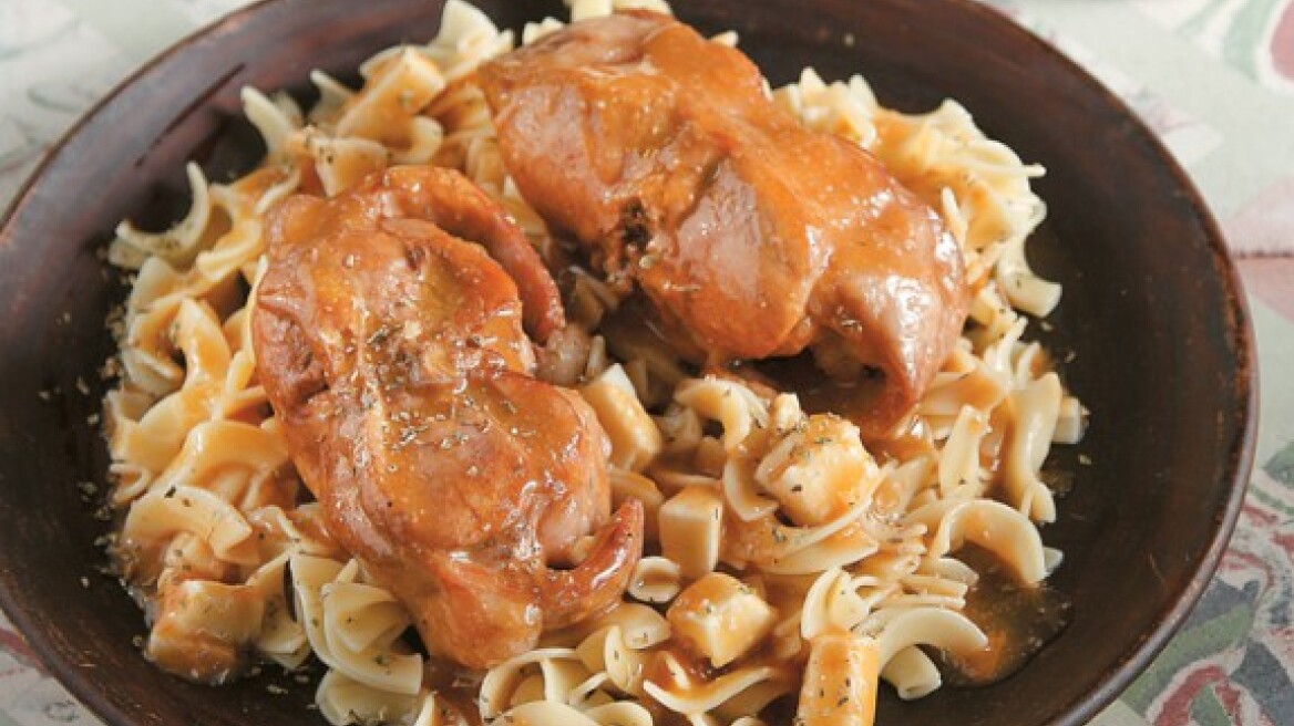 Dreamy rabbit stew with garlic paste and Ladotyri cheese
