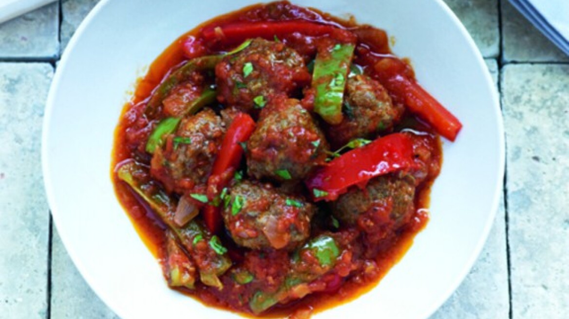 Meatballs in a tomato sauce with peppers