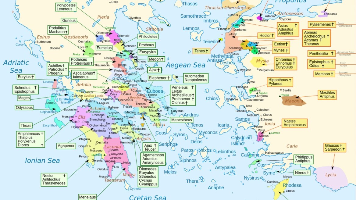 Map showing the homeland of every character in Homer’s Iliad