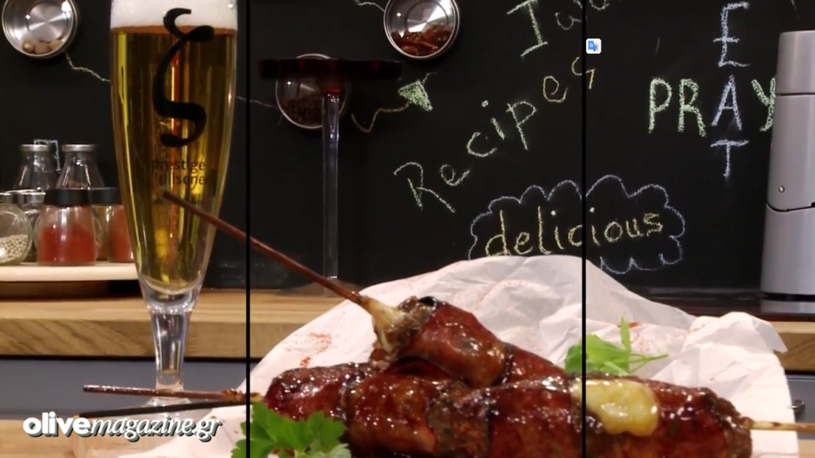 Μπιφτέκια σουβλάκι γεμιστά με καπνιστό τυρί