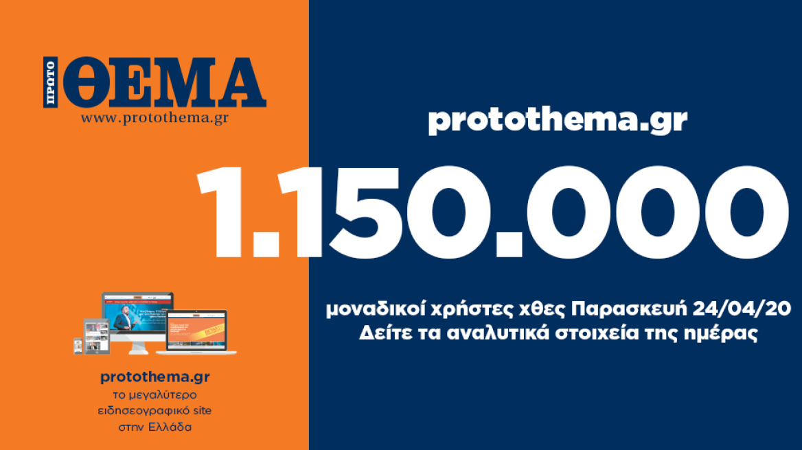 1.150.000 μοναδικοί χρήστες ενημερώθηκαν χθες Παρασκευή 24 Απριλίου από το protothema.gr