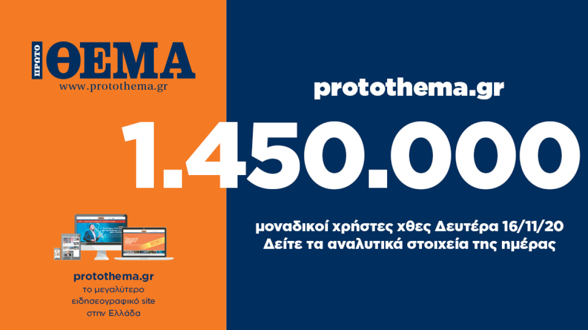 1.450.000 μοναδικοί χρήστες ενημερώθηκαν χθες Δευτέρα 16 Νοεμβρίου από το protothema.gr
