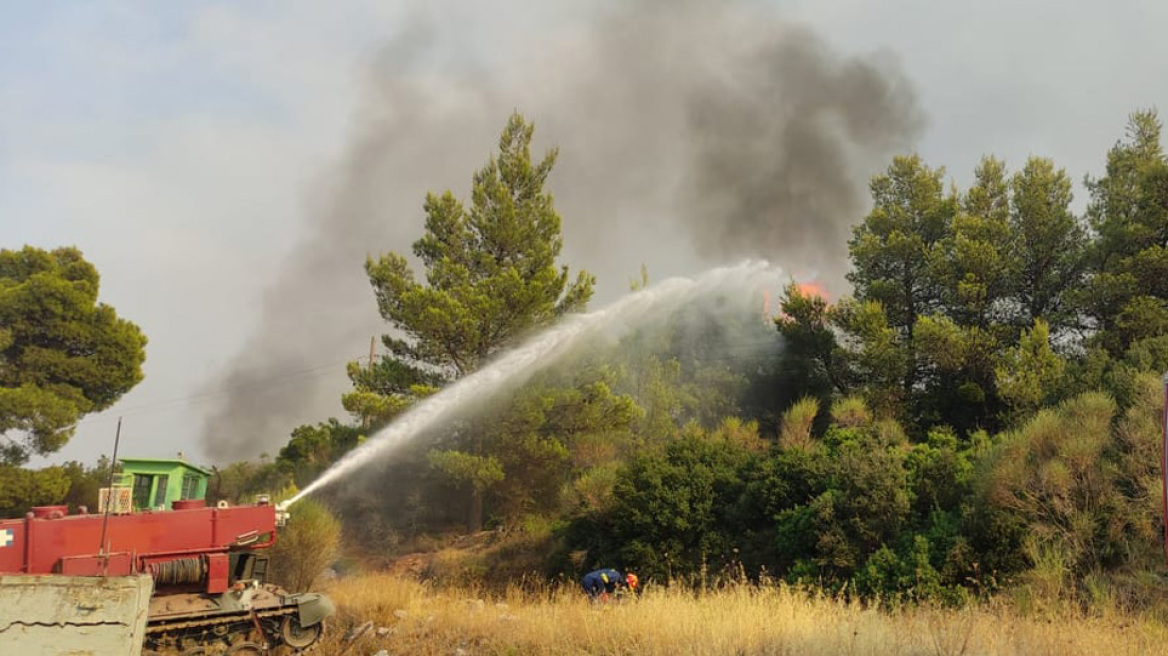 Πυρκαγιά στην Αττική: Στρατιωτικό άρμα Leopard-1 μετασκευασμένο σε πυροσβεστικό σβήνει φωτιά