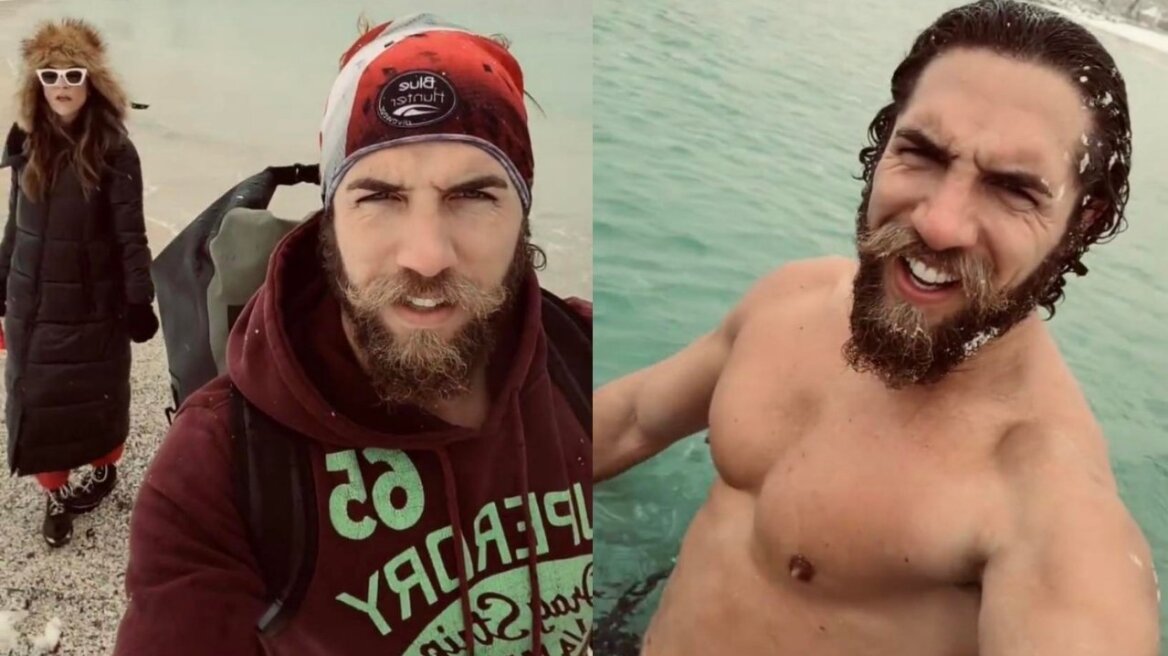 Γιώργος Κόρομι: Ο πρώην παίκτης του Survivor έκανε μπάνιο στη χιονισμένη παραλία του Αλίμου με τη σύντροφό του