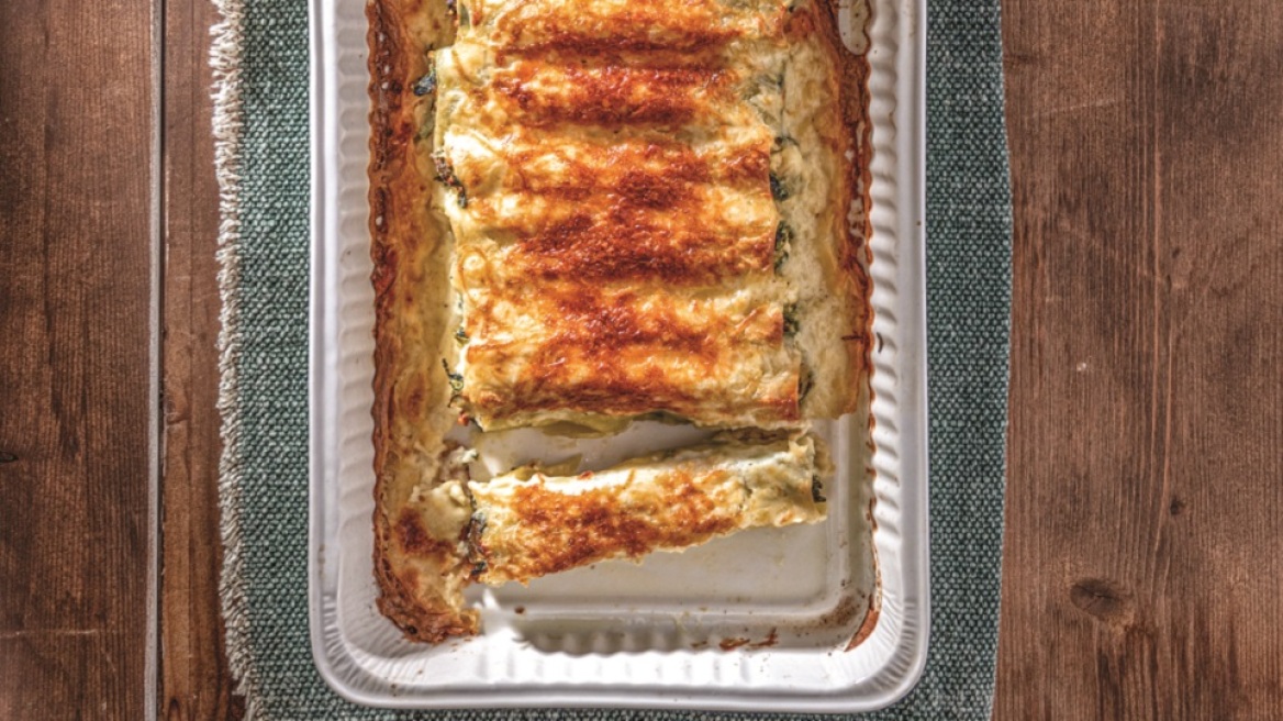 Κανελόνια με σπανάκι, μανιτάρια και τυριά