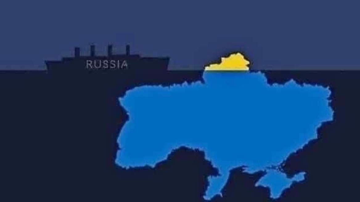 Η ρωσική φρεγάτα - «Τιτανικός» προσκρούει στο «παγόβουνο» της Ουκρανίας, δείχνει σκίτσο