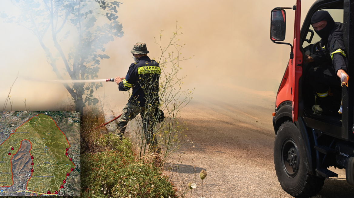 Φωτιά στην Πεντέλη: Πολύ ισχυροί άνεμοι έως επτά μποφόρ συνεχίζουν να πνέουν στην περιοχή