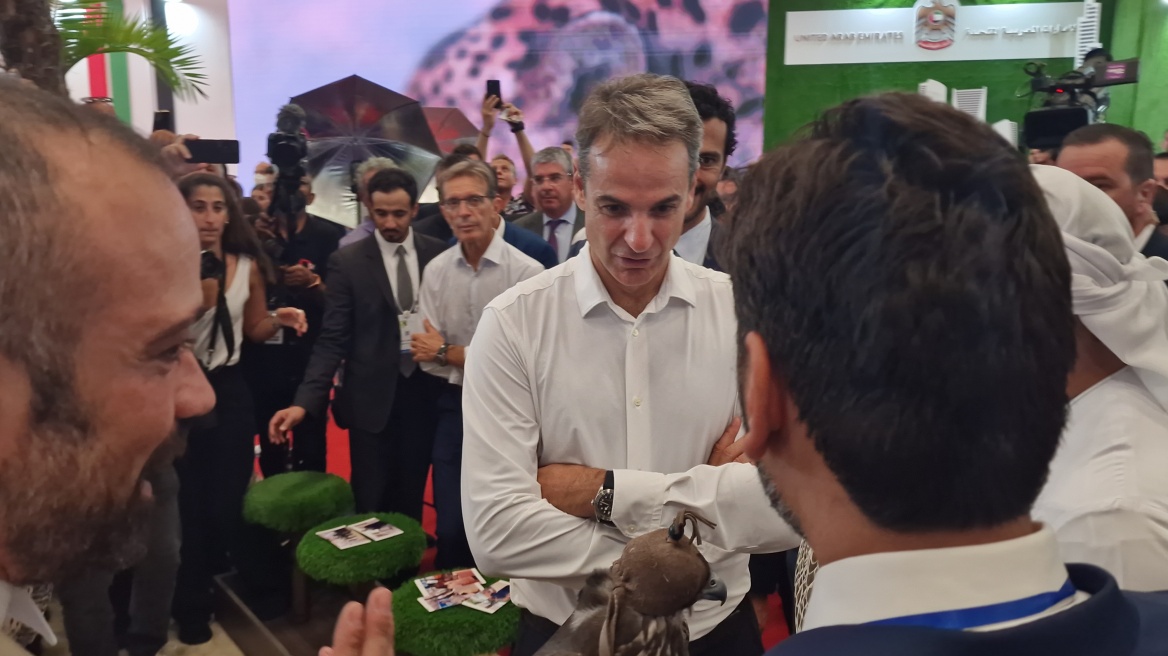 Ο Μητσοτάκης με τα τέσσερα βασιλικά γεράκια στο περίπτερο των ΗΑΕ στη ΔΕΘ