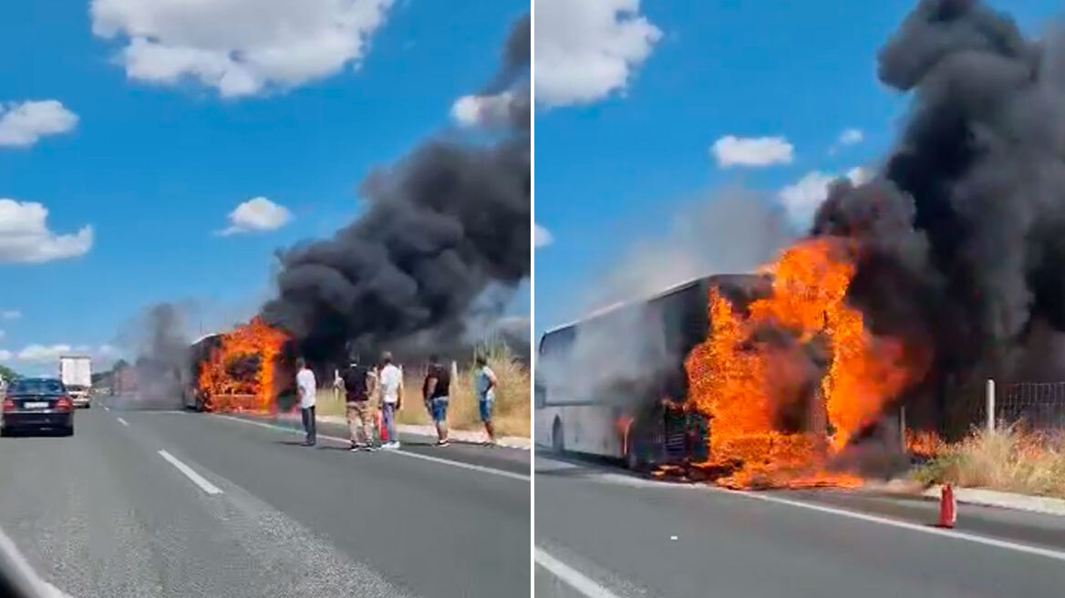 Λεωφορείο τυλίχθηκε στις φλόγες στην Ε.Ο. Θεσσαλονίκης-Σερρών - Το εγκατέλειψαν άμεσα οδηγός και επιβάτες