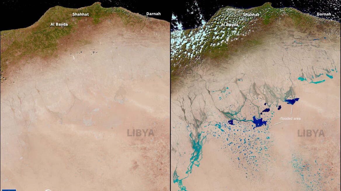 Meteo: Συγκλονιστική δορυφορική εικόνα από τις πλημμύρες της κακοκαιρίας «Daniel» στη Σαχάρα 