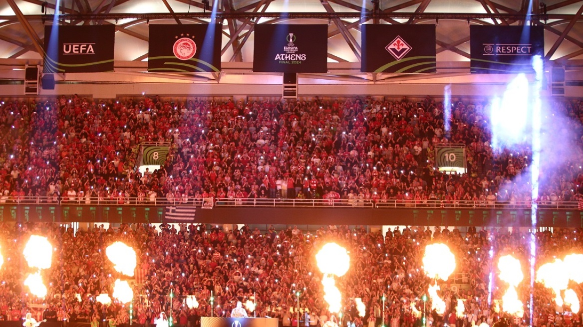 Τελικός UEFA Conference League: Σείστηκε η OPAP Arena στο άκουσμα του ύμνου του Ολυμπιακού - Δείτε βίντεο