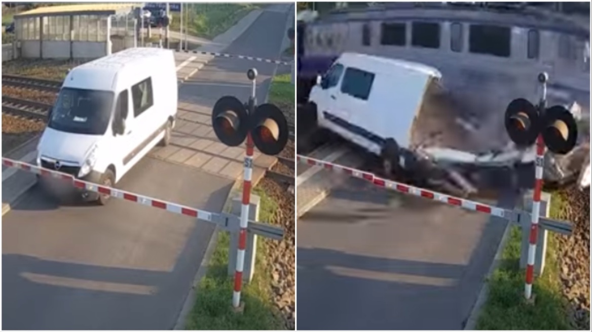 Βίντεο: Φορτηγάκι παγιδεύτηκε ανάμεσα σε μπάρες διάβασης και παρασύρθηκε από τρένο στην Πολωνία