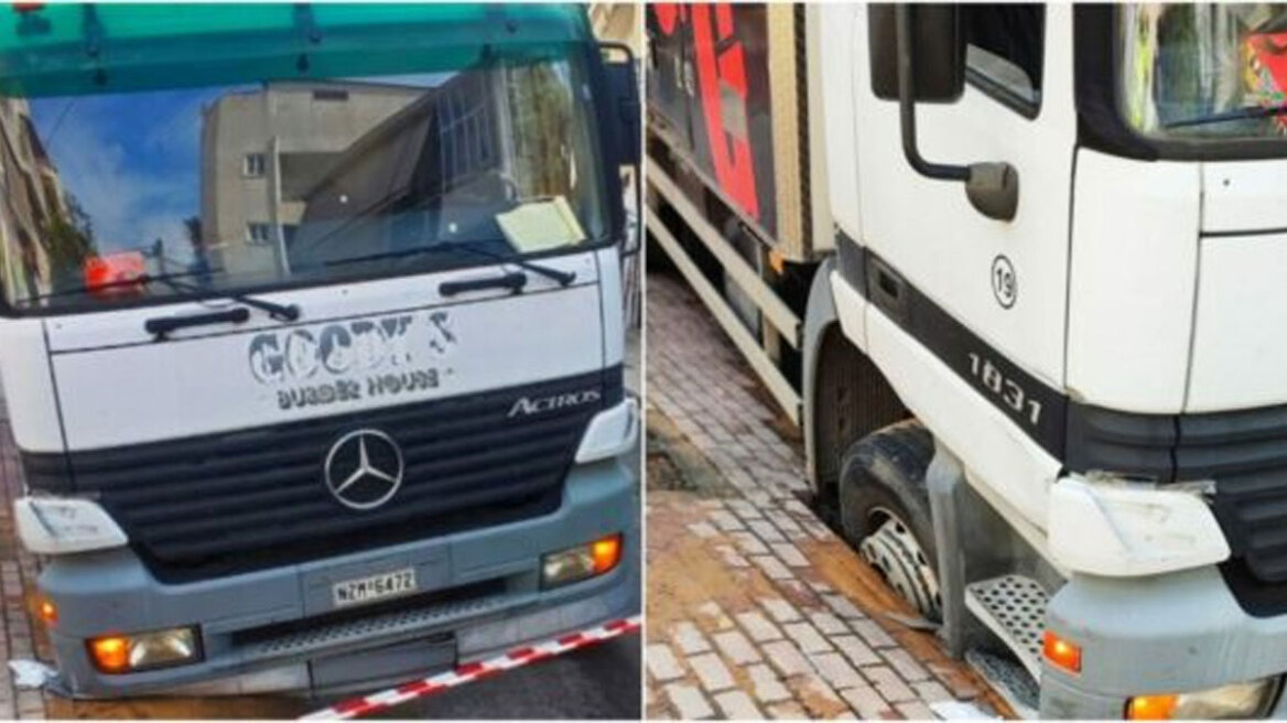 Υποχώρησε το οδόστρωμα και «βούλιαξε» φορτηγό στον Άγιο Δημήτριο, δείτε φωτογραφίες