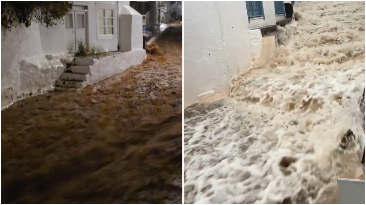 Κακοκαιρία: Γέμισαν νερό οι δρόμοι στην Ύδρα από τη νεροποντή στο νησί, δείτε βίντεο