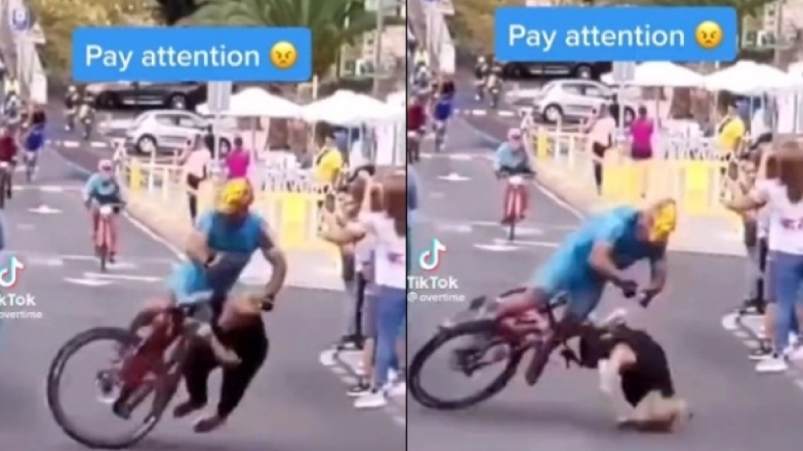 Πονάς μόνο που το βλέπεις: Η στιγμή που ποδηλάτης χτύπησε πεζό (vid)