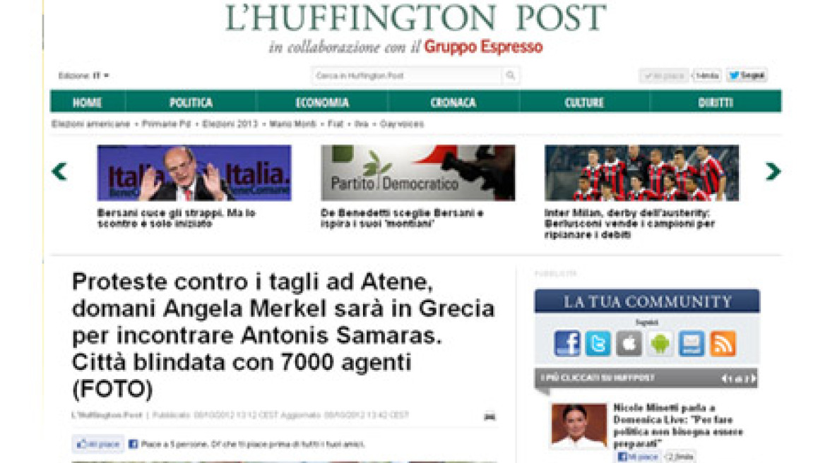 Κεντρική είδηση στη Huffington Post η επίσκεψη Μέρκελ στην Αθήνα