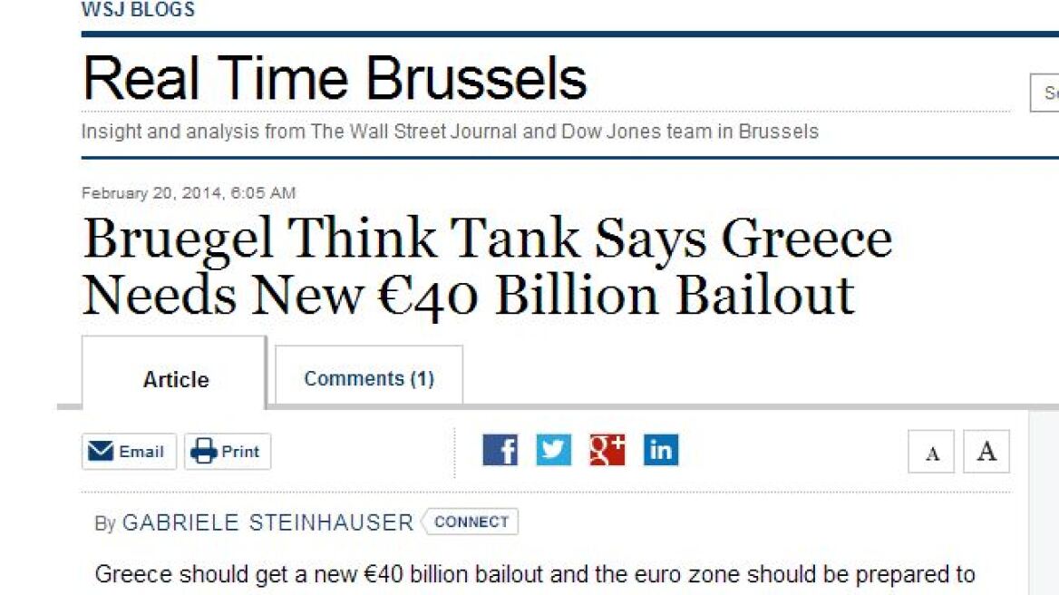 Wall Street Journal: Πακέτο ύψους 40 δισ. ευρώ πρέπει να λάβει η Ελλάδα 