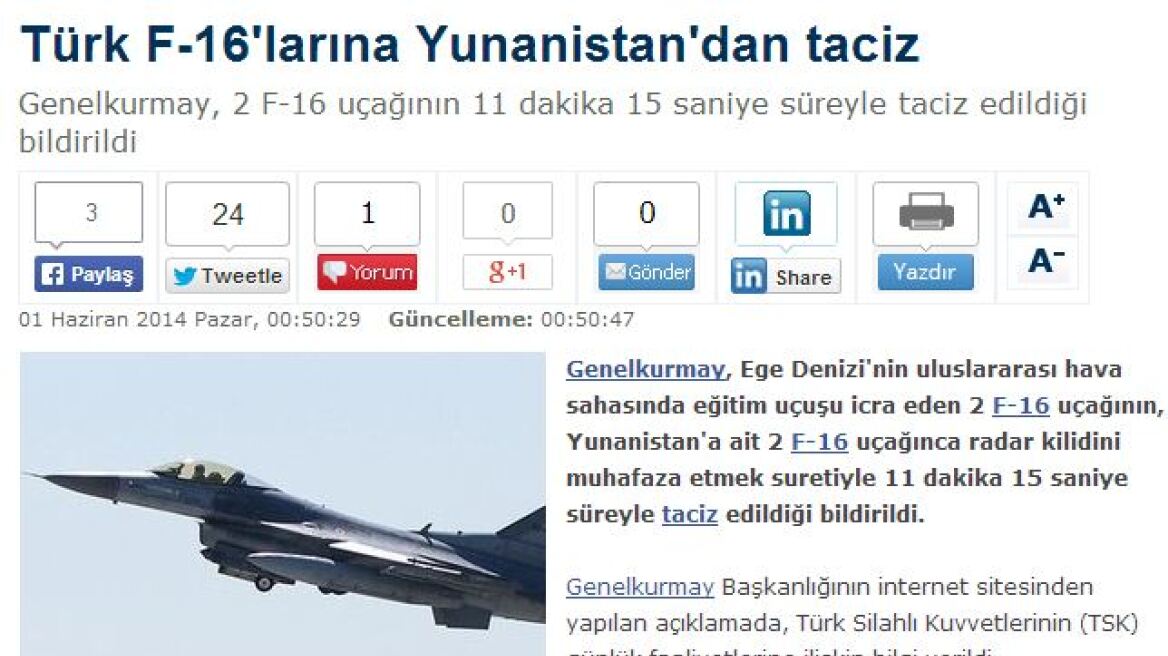 Οι Τούρκοι καταγγέλλουν για εγκλωβισμό τα ελληνικά F-16!