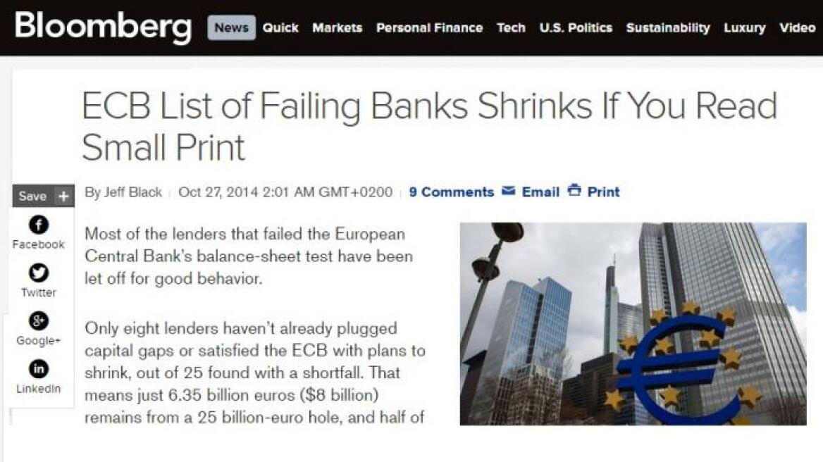 Bloomberg: Πέρασαν 24 ώρες μέχρι να καταλάβει ότι δεν χρειάζονται νέα κεφάλαια οι ελληνικές τράπεζες