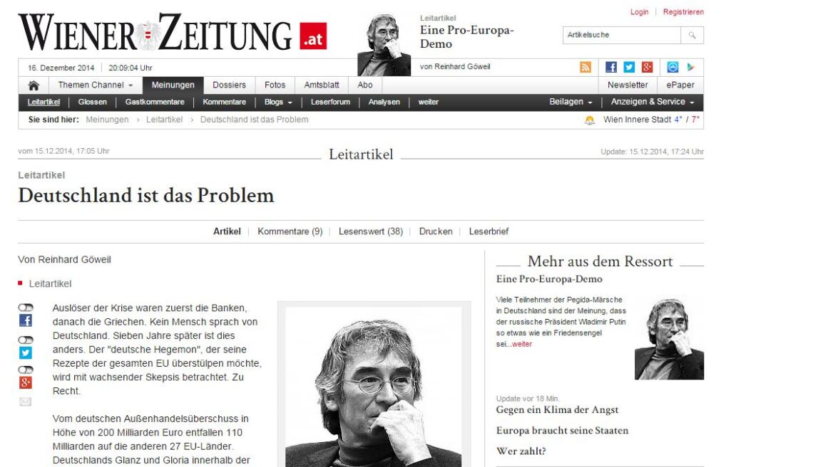 Η εφημερίδα της Αυστριακής Δημοκρατίας γράφει: Η Γερμανία είναι το πρόβλημα
