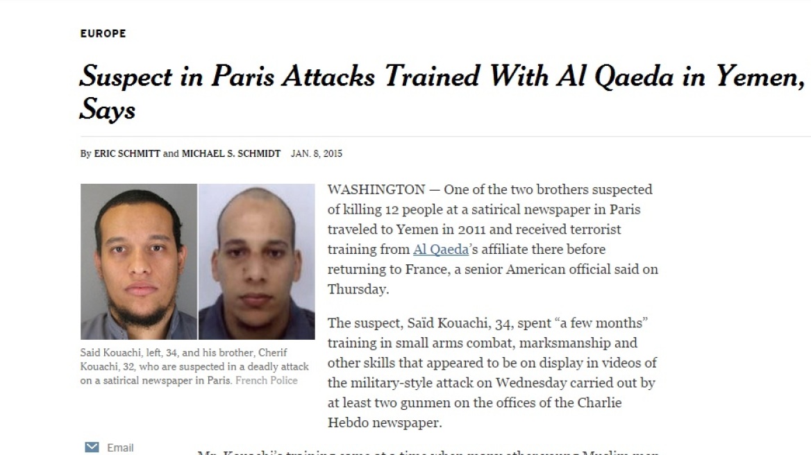 ΝΥΤ: Εκπαιδευμένος από την Αλ Κάιντα ο ένας εκτελεστής της επίθεσης στο Charlie Hebdo