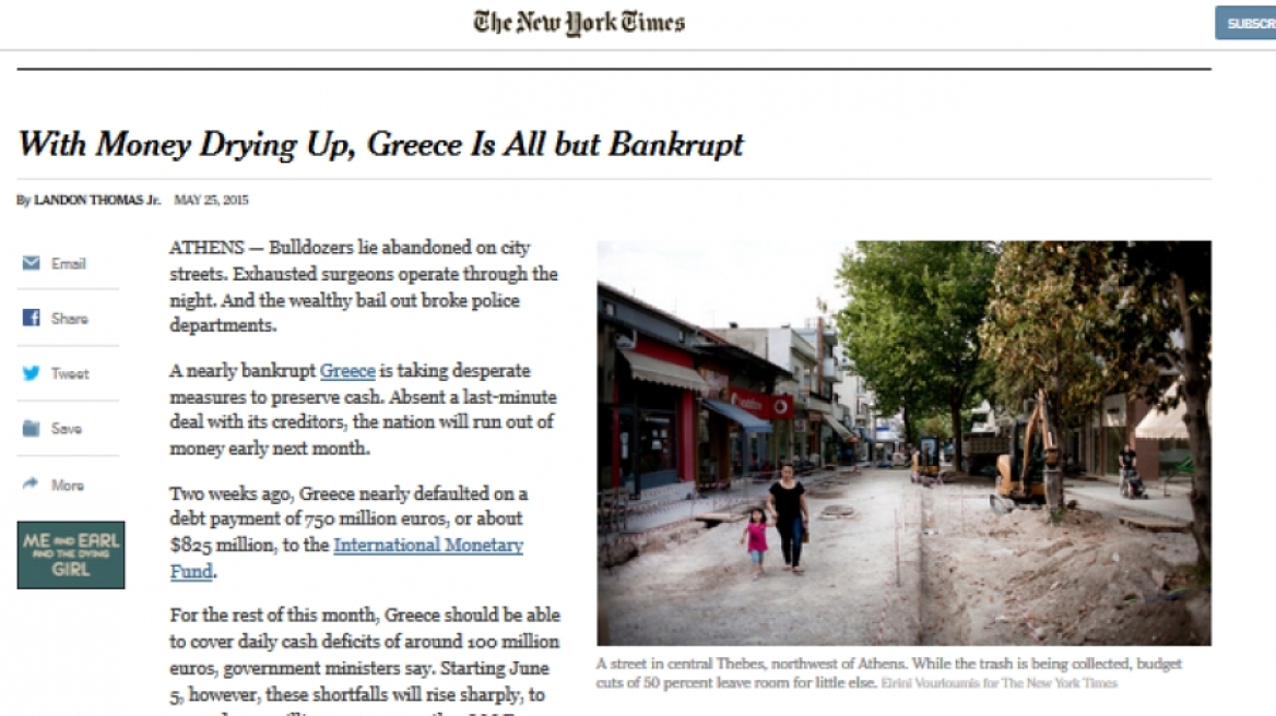 New York Times: Η Ελλάδα έχει στην ουσία χρεοκοπήσει