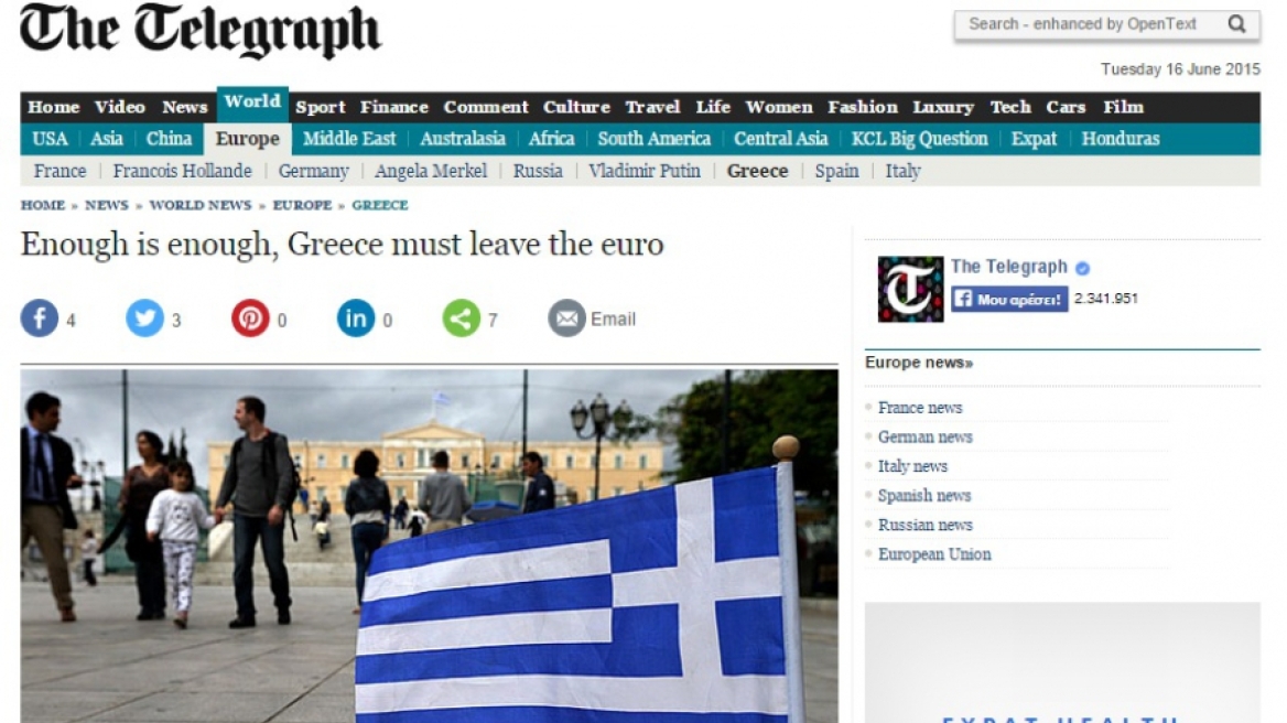Telegraph: «Φτάνει πια, η Ελλάδα πρέπει να εγκαταλείψει το ευρώ»