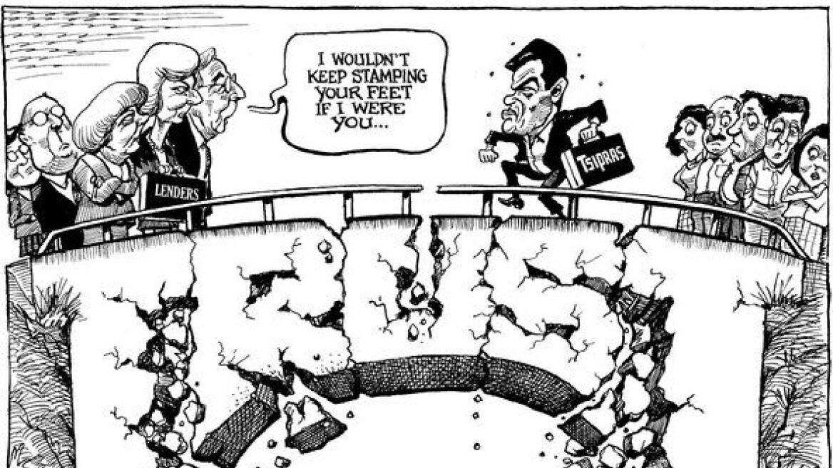 Σκίτσο του Economist: Κυβέρνηση και πιστωτές σε μια ετοιμόρροπη γέφυρα