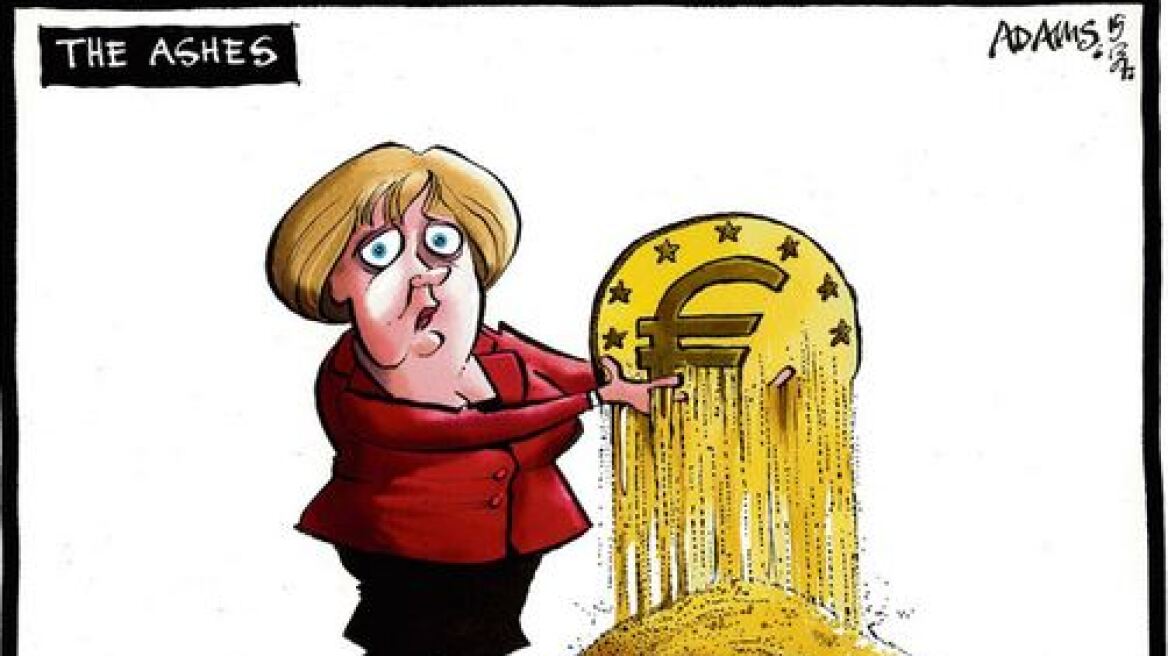 Σκίτσο της Telegraph: Το ευρώ γίνεται στάχτη και γλιστρά μέσα από τα δάχτυλα της Μέρκελ