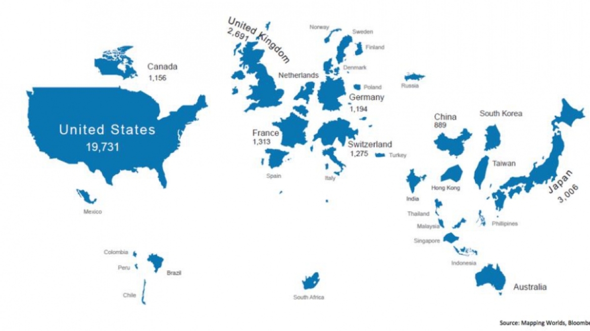 O χάρτης του κόσμου ανάλογα με το μέγεθος του χρηματιστηρίου κάθε χώρας