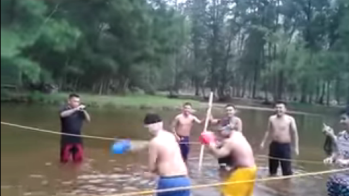 Blind-folded boxing in a water ring! (funny vid)