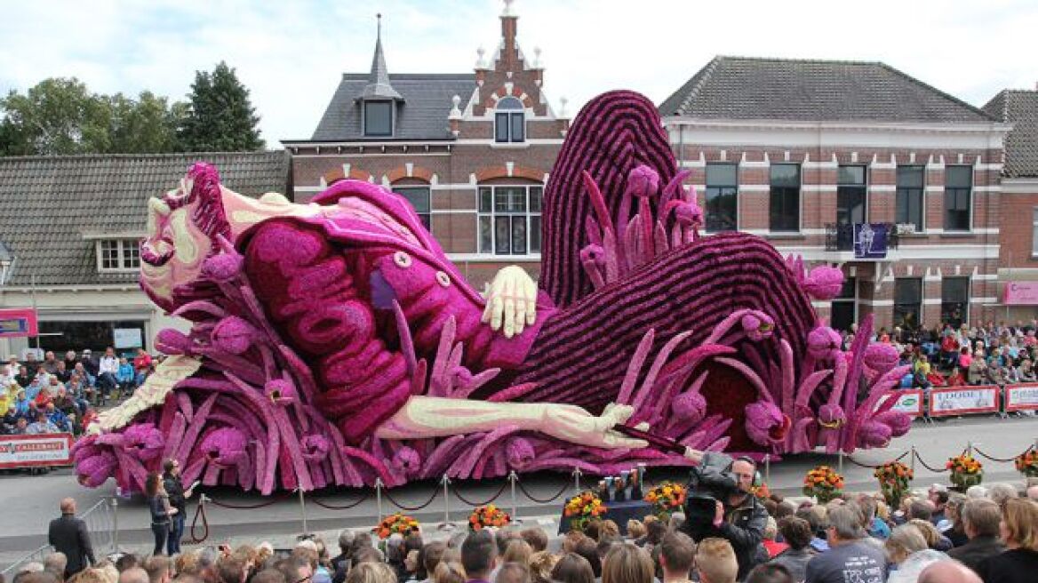 Parade of giant flower floats inspired by Van Gogh paintings
