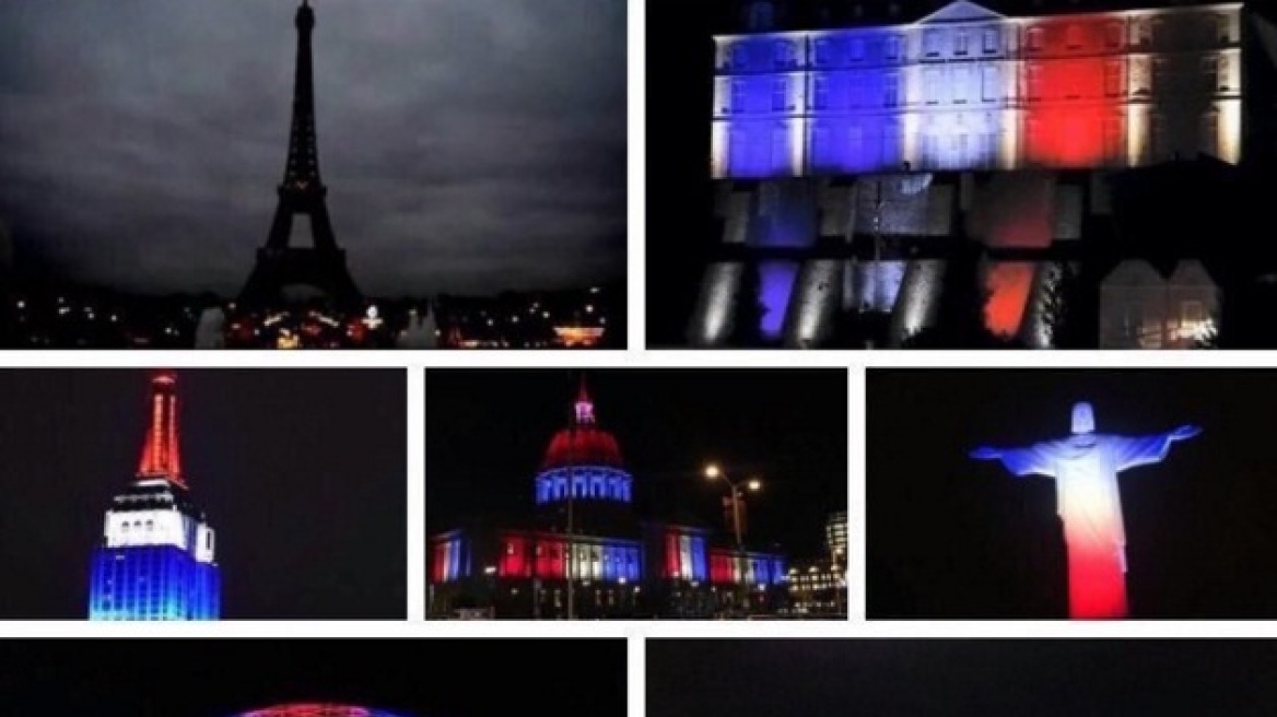 Κτίρια φωτίστηκαν στα χρώματα της γαλλικής σημαίας για να τιμήσουν τα θύματα 