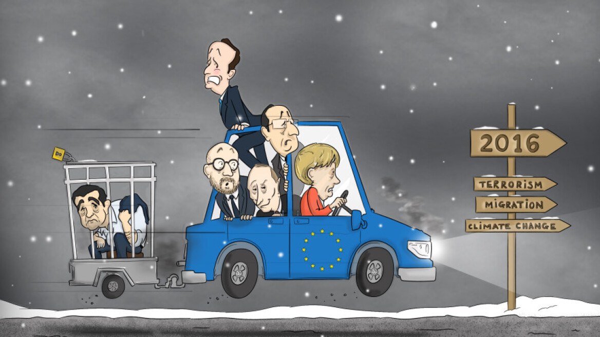Μέσα σε trailer-κλουβί σέρνει τον Τσίπρα η Μέρκελ σε σκίτσο της Politico