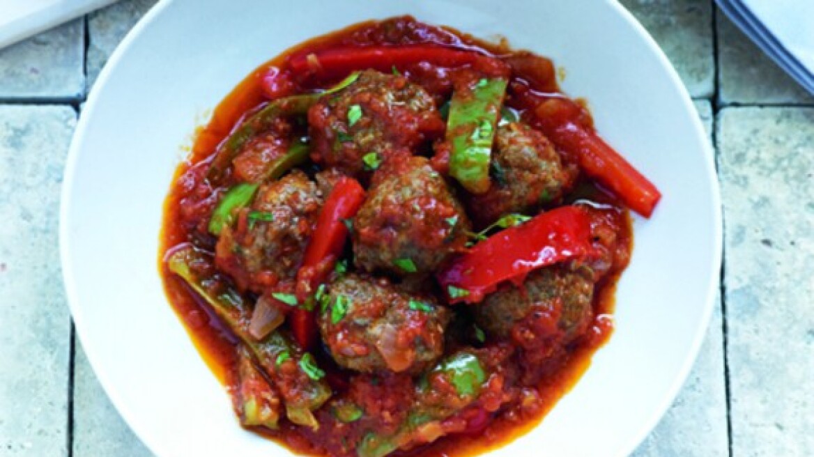 Meatballs in a tomato sauce with peppers