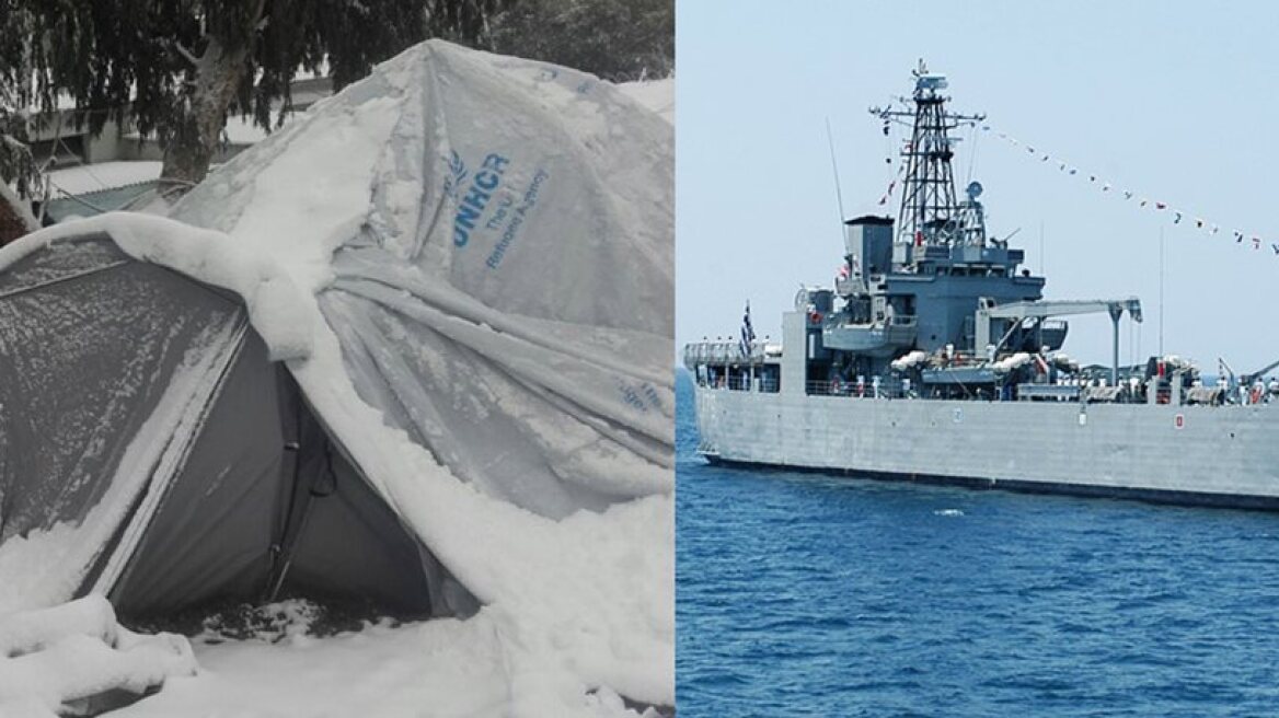 Greek government sends navy ships to host freezing refugees on Lesvos