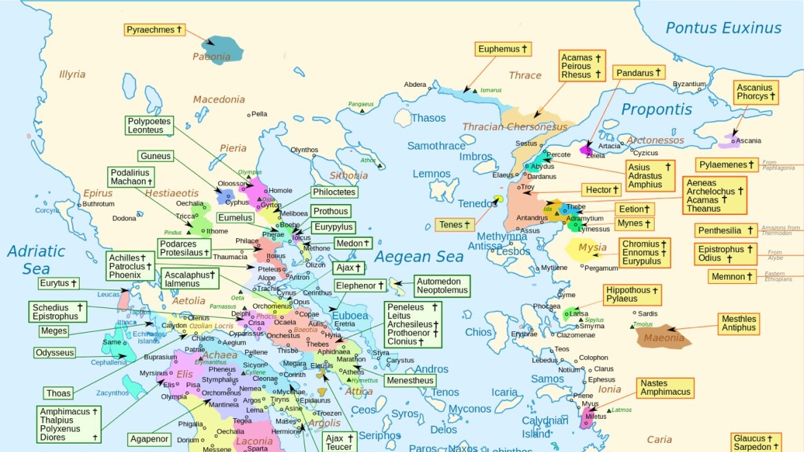 Map showing the homeland of every character in Homer’s Iliad